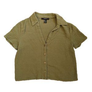Forever 21 Olive Green Collared Crop Top Button Down Shirt (SIZE S)